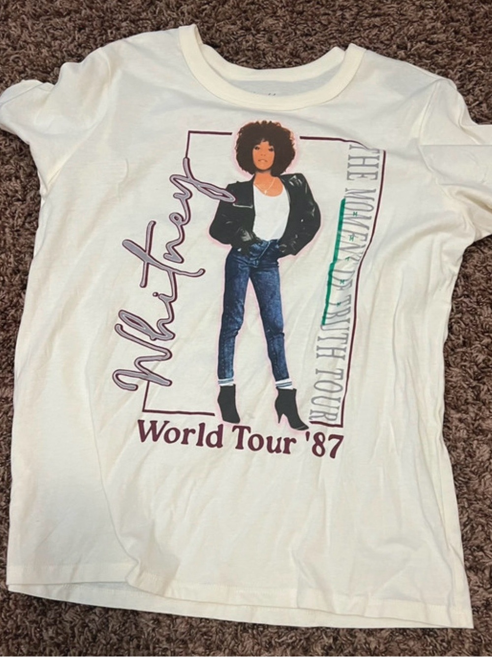 Whitney World Tour '87 Vintage Graphic Tee - White with Purple & Blue Print
